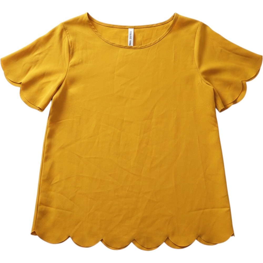 Tickled Teal Mustard Yellow Scalloped Hem Short Sleeve Blouse Top Small